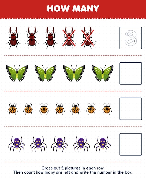 Education game for children count how many cute cartoon beetle butterfly ladybug spider and write the number in the box printable bug worksheet