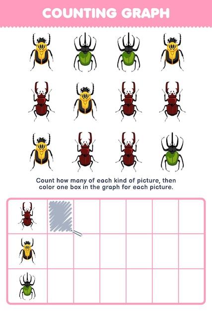 Education game for children count how many cute cartoon beetle then color the box in the graph printable bug worksheet