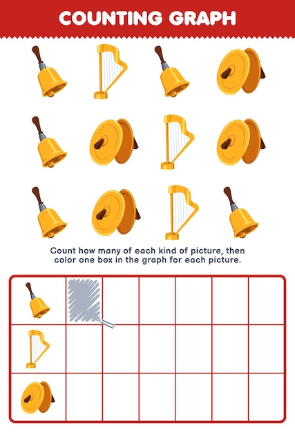 Education game for children count how many cute cartoon bell harp cymbals then color the box in the graph printable music instrument worksheet