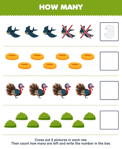 Education game for children count how many cute cartoon bird nest turkey bush and write the number in the box printable farm worksheet