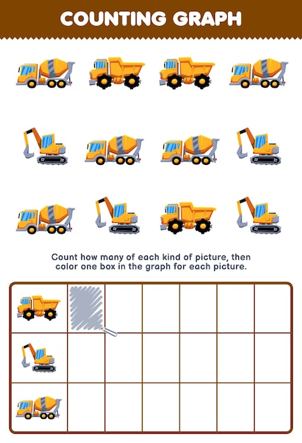 Education game for children count how many cute cartoon excavator concentrate mixer dump truck then color the box in the graph printable transportation worksheet