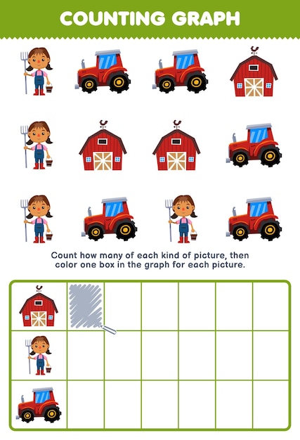 Education game for children count how many cute cartoon farmer barn tractor then color the box in the graph printable profession worksheet