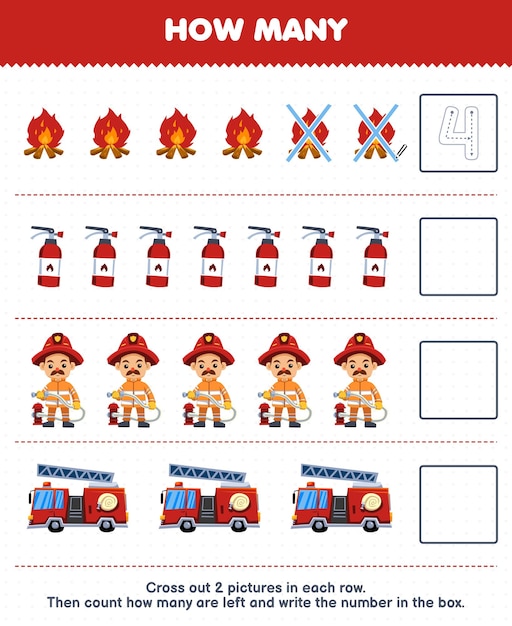 Education game for children count how many cute cartoon fire extinguisher firefighter firetruck and write the number in the box printable profession worksheet