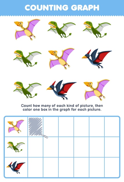 子供向けの教育ゲームは、かわいい漫画の空飛ぶ恐竜の数を数え、グラフの印刷可能な先史時代の恐竜ワークシートのボックスに色を付けます