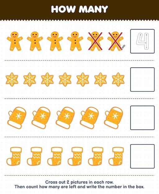 아이들을 위한 교육 게임은 눈송이 벙어리 양말 모양이 있는 귀여운 만화 진저브레드 쿠키의 수를 세고 인쇄 가능한 겨울 워크시트 상자에 숫자를 씁니다.