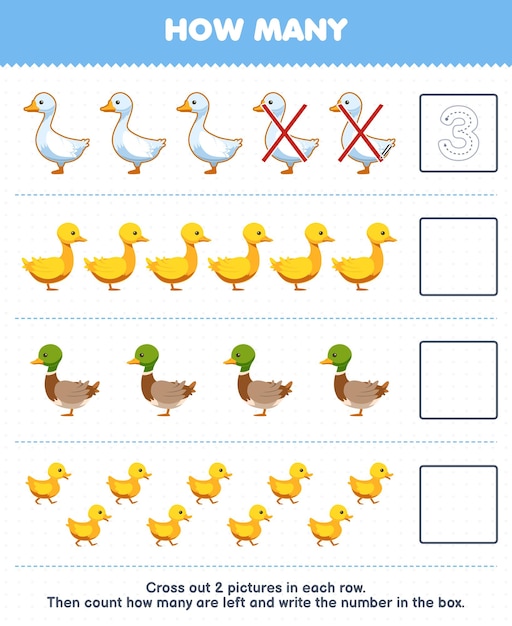 Education game for children count how many cute cartoon goose duck duckling and write the number in the box printable farm worksheet