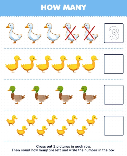 어린이를 위한 교육 게임은 귀여운 만화 거위 오리 새끼의 수를 세고 인쇄 가능한 농장 워크시트 상자에 숫자를 씁니다.