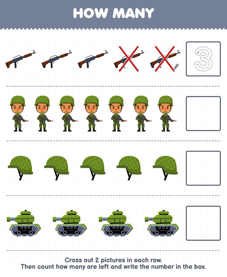Vector education game for children count how many cute cartoon gun soldier helm tank and write the number in the box printable profession worksheet