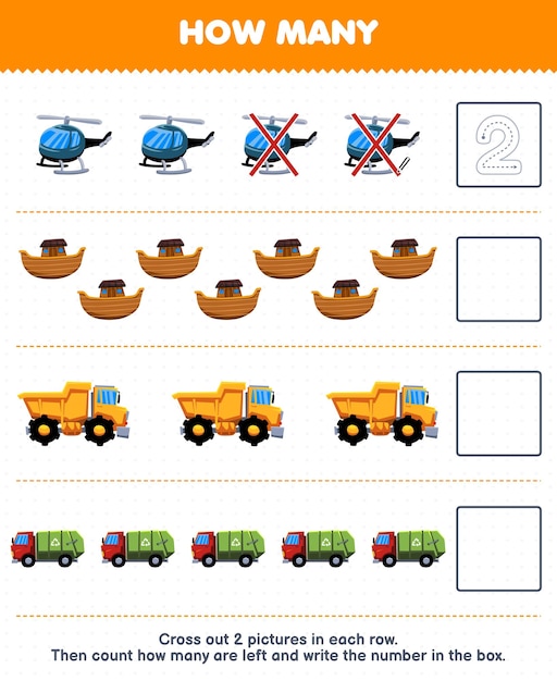 子供向けの教育ゲーム かわいい漫画のヘリコプター アーク ダンプ トラック ゴミ収集車の数を数え、ボックスの印刷可能な輸送ワークシートにその数を書きます