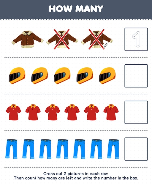 Education game for children count how many cute cartoon jacket helm polo shirt jean and write the number in the box printable wearable clothes worksheet