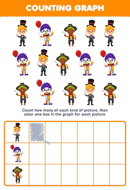 Vettore gioco educativo per bambini conta quanti simpatici cartoni animati mago pagliaccio cowboy quindi colora la casella nel grafico stampabile indossabile foglio di lavoro di halloween