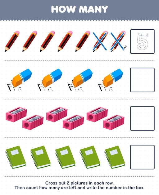 Education game for children count how many cute cartoon pencil eraser sharpener book and write the number in the box printable tool worksheet