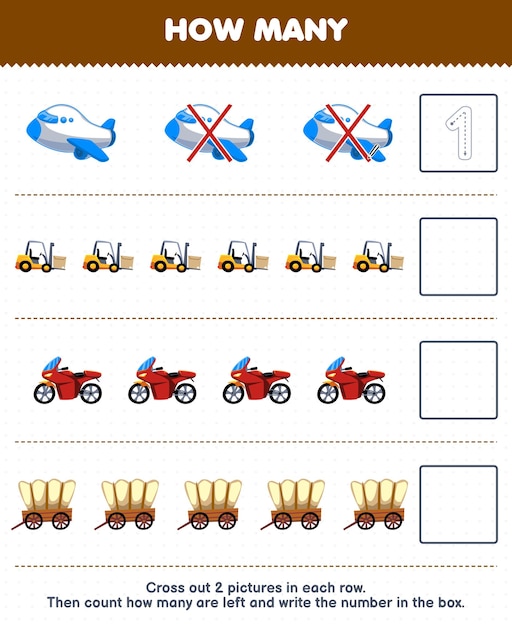 Education game for children count how many cute cartoon plane forklift motorbike wagon and write the number in the box printable transportation worksheet