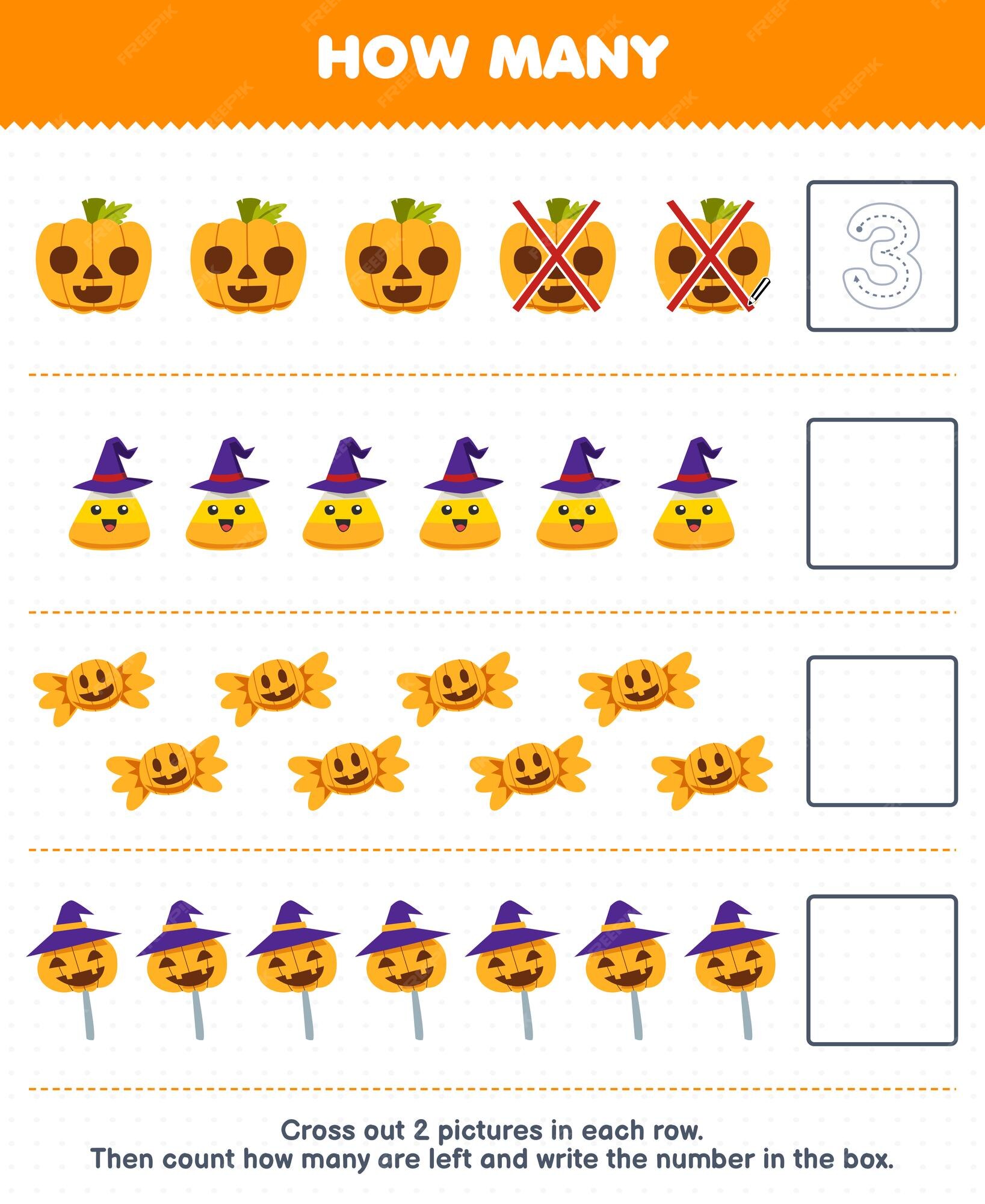 Education game for children count how many cute cartoon witch hat spell  book cauldron and write the number in the box printable halloween worksheet  14660308 Vector Art at Vecteezy