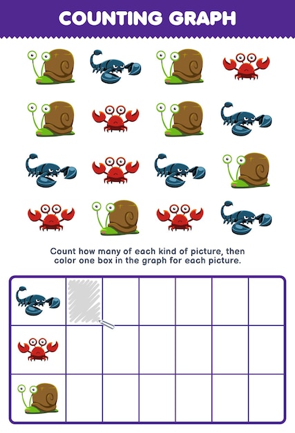 Education game for children count how many cute cartoon scorpion crab snail then color the box in the graph printable hard shell animal worksheet