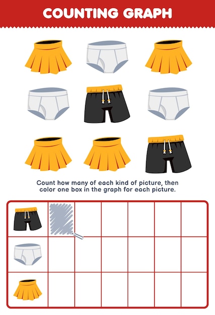 Education game for children count how many cute cartoon skirt pant and underpants then color the box in the graph printable wearable clothes worksheet