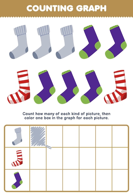 Education game for children count how many cute cartoon socks then color the box in the graph printable wearable clothes worksheet