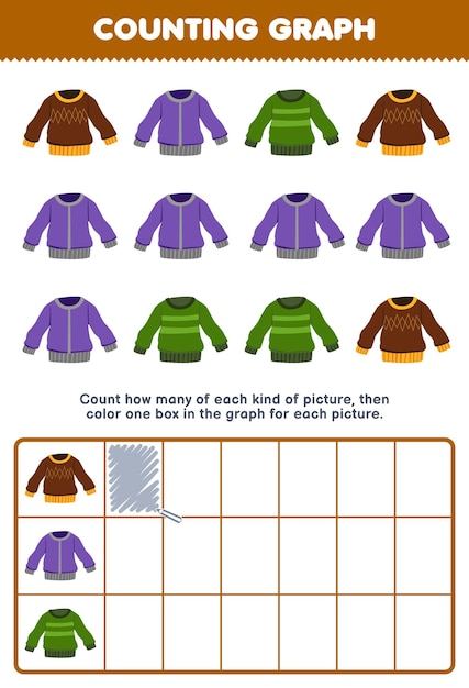 Education game for children count how many cute cartoon sweater then color the box in the graph printable wearable clothes worksheet