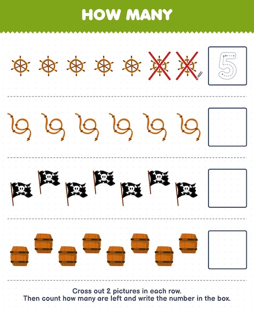 Education game for children count how many cute cartoon wheel rope flag barrel and write the number in the box printable pirate worksheet