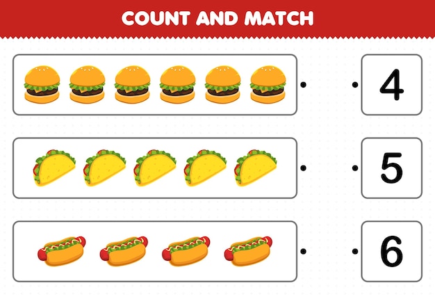 Образовательная игра для детей: подсчитайте и сопоставьте количество мультяшных гамбургеров, тако, хот-догов и сопоставьте с правильными числами лист для печати