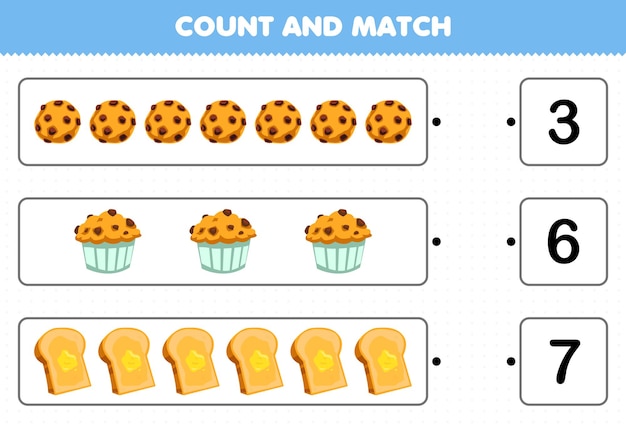 어린이를 위한 교육 게임은 만화 음식 쿠키 머핀 토스트의 수를 세고 올바른 숫자로 인쇄 가능한 워크시트와 일치시킵니다.