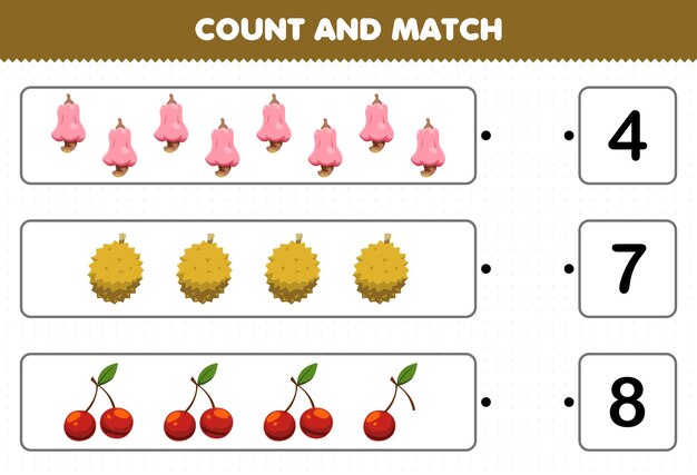 Gioco educativo per bambini conta e abbina conta il numero di cartoni animati frutta anacardio ciliegia durian e abbina con i numeri giusti foglio di lavoro stampabile