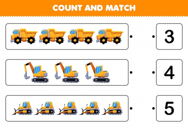 子供のための教育ゲームは、漫画の重機輸送ダンプトラック掘削機ブルドーザーの数を数え、一致させ、正しい数の印刷可能なワークシートと一致させます