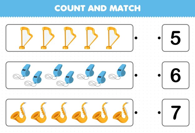 Education game for children count and match count the number of cartoon music instrument harp whistle saxophone and match with the right numbers printable worksheet