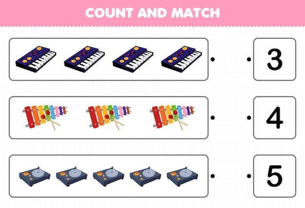 어린이를 위한 교육 게임은 만화 음악 악기 신디사이저 실로폰 턴테이블의 수를 계산하고 올바른 숫자로 인쇄 가능한 워크시트와 일치시킵니다.