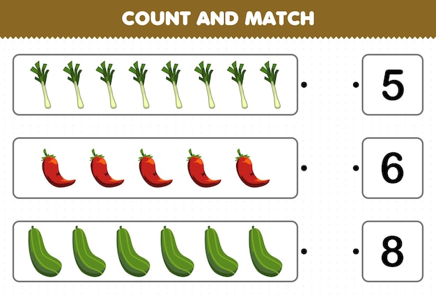 Education game for children count and match count the number of cartoon vegetables leek chilli cucumber and match with the right numbers printable worksheet