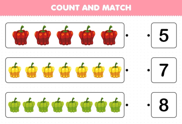 Education game for children count and match count the number of cartoon vegetables paprika and match with the right numbers printable worksheet