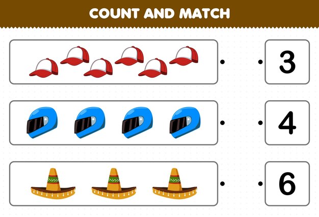 Education game for children count and match count the number of cartoon wearable clothes cap helm sombrero hat and match with the right numbers printable worksheet