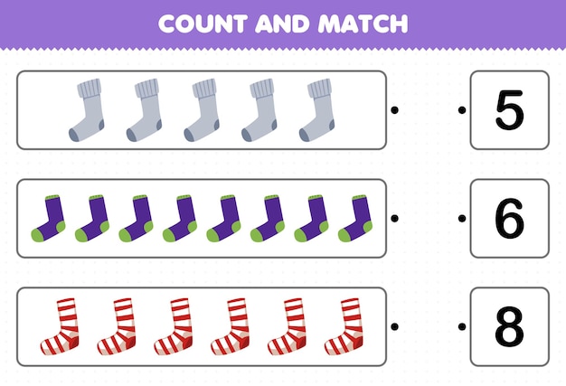 어린이를 위한 교육 게임은 만화 착용 가능한 옷 양말의 수를 계산하고 일치하는 숫자를 계산하고 인쇄 가능한 워크시트에 맞는 숫자와 일치시킵니다.