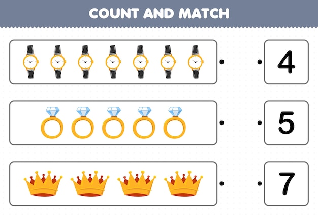 Образовательная игра для детей: подсчитайте и сопоставьте количество мультяшных носимых ювелирных часов, кольцо, корону и сопоставьте с правильными числами лист для печати