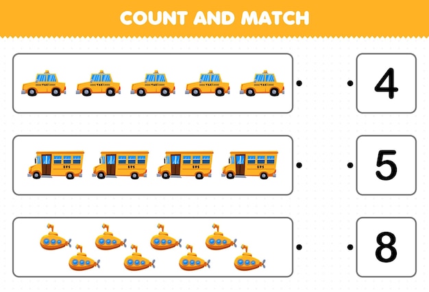 Education game for children count and match count the number of cartoon yellow transportation taxi bus submarine and match with the right numbers printable worksheet