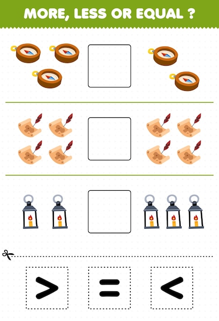 Education game for children count more less or equal of cartoon compass treasure map lantern then cut and glue the correct sign pirate worksheet