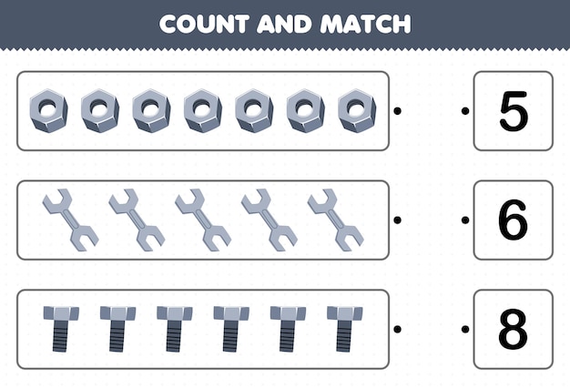 Education game for children count the number of cute cartoon bolt nut spanner and match with the right numbers printable tool worksheet