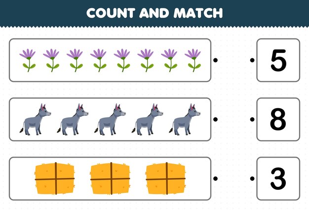 Gioco educativo per bambini conta il numero di fiori d'asino carino cartone animato e abbina con i numeri giusti foglio di lavoro della fattoria stampabile