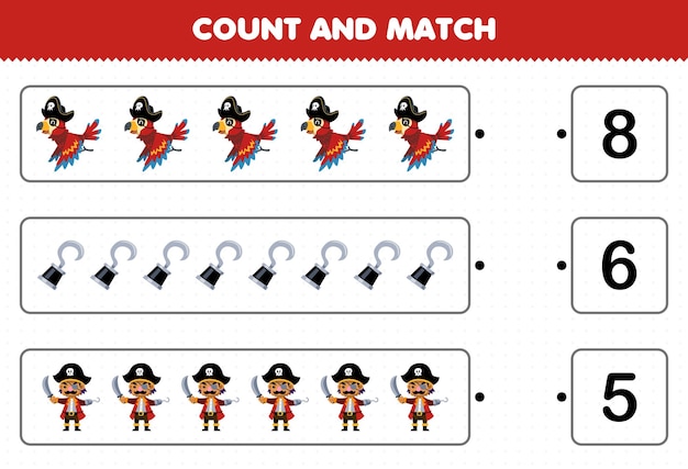 Education game for children count the number of cute cartoon parrot hook captain character and match with the right numbers printable pirate worksheet