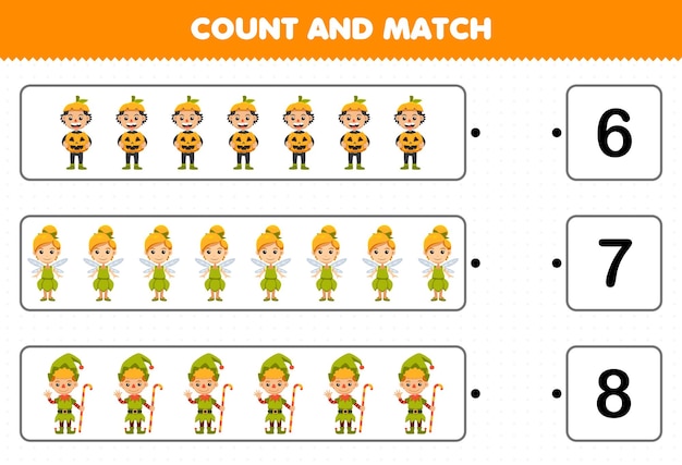 어린이를 위한 교육 게임은 귀여운 만화 호박 요정 난쟁이 의상의 수를 세고 올바른 숫자 할로윈 인쇄용 워크시트와 일치시킵니다.