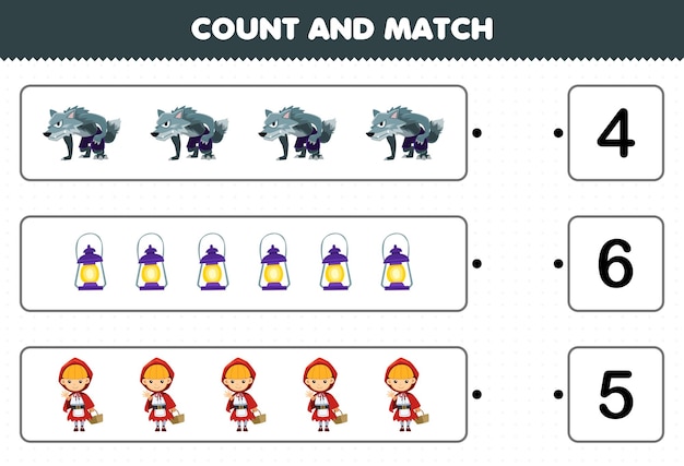 Gioco educativo per bambini conta il numero di simpatici cartoni animati lupo mannaro lanterna cappuccetto rosso e abbina i numeri giusti al foglio di lavoro stampabile di halloween