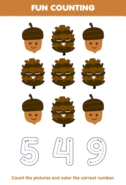 Education game for children count the pictures and color the correct number from cute cartoon acorn and pinecone printable nature worksheet