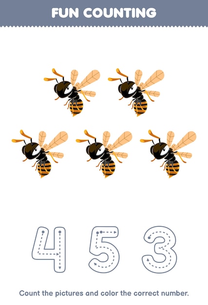 子供のための教育ゲームは、絵を数え、かわいい漫画のハチの印刷可能なバグ ワークシートから正しい数に色を付けます