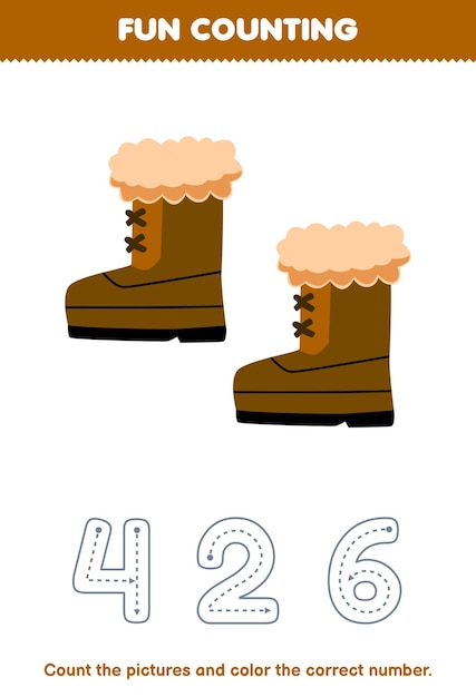 Education game for children count the pictures and color the correct number from cute cartoon boot printable winter worksheet