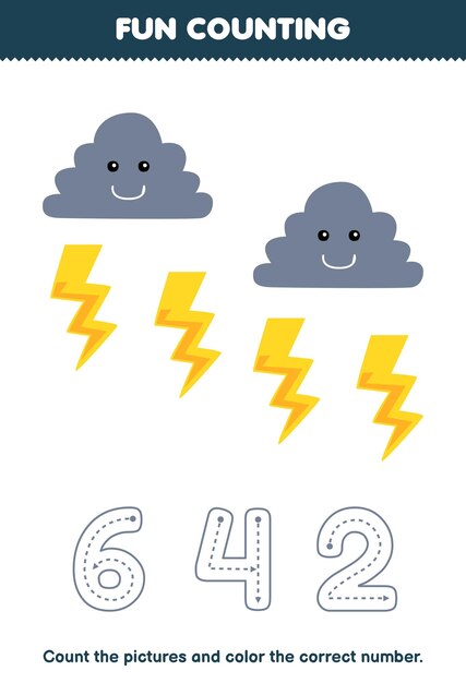 Education game for children count the pictures and color the correct number from cute cartoon cloud and thunder printable nature worksheet