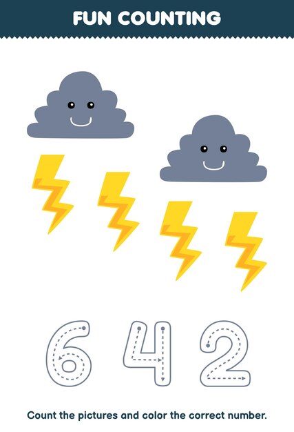 어린이를 위한 교육 게임은 귀여운 만화 구름과 천둥 인쇄 가능한 자연 워크시트에서 그림을 세고 정확한 숫자를 색칠합니다.