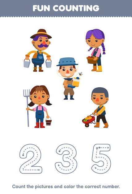 Education game for children count the pictures and color the correct number from cute cartoon farmer printable farm worksheet