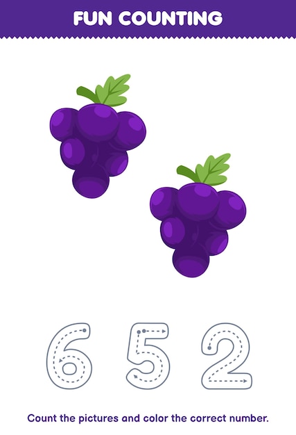 Education game for children count the pictures and color the correct number from cute cartoon grape printable fruit worksheet