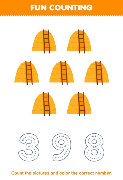 Education game for children count the pictures and color the correct number from cute cartoon haystack printable farm worksheet