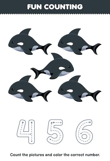 Education game for children count the pictures and color the correct number from cute cartoon orca printable underwater worksheet